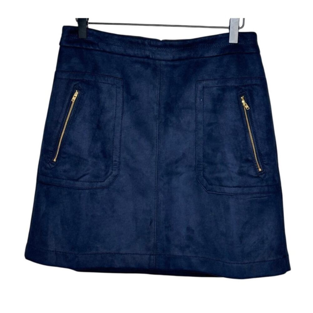 LOFT Blue Faux Suede A-Line Mini Skirt Gold Zippers Pockets Winter Going Out 6